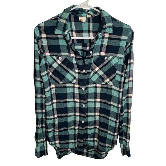 Roxy Button Down Flannel Shirt Mint Green Plaid XS - Picture 1 of 9